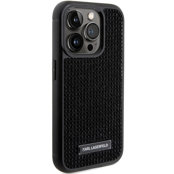 Karl Lagerfeld Rhinestone Logo Metal Plate case for iPhone 15 Pro - black