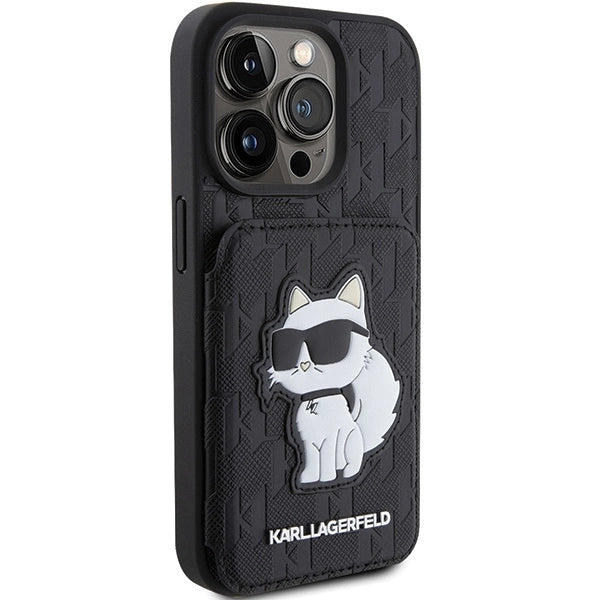 Karl Lagerfeld Saffiano Cardslots and Stand Monogram Choupette Case for iPhone 15 Pro - Black