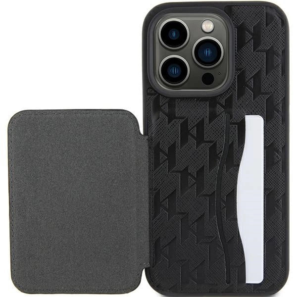 Karl Lagerfeld Saffiano Cardslots and Stand Monogram Ikonik Patch case for iPhone 15 Pro - black