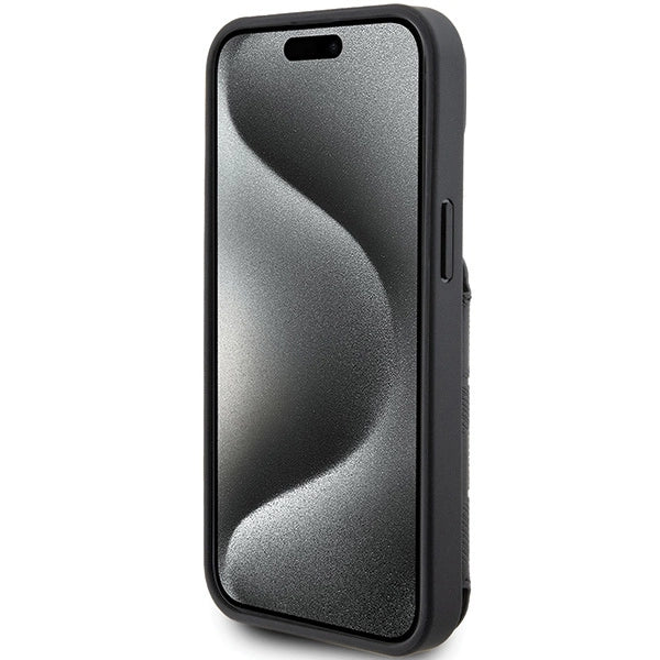 Karl Lagerfeld Saffiano Cardslots and Stand Monogram Ikonik Patch case for iPhone 15 - black