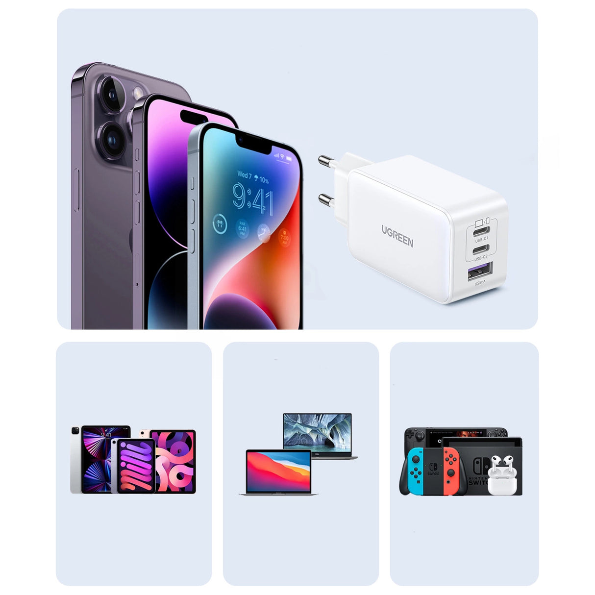 Ugreen CD244 65W USB-A / 2x USB-C GaN hurtigoplader - hvid