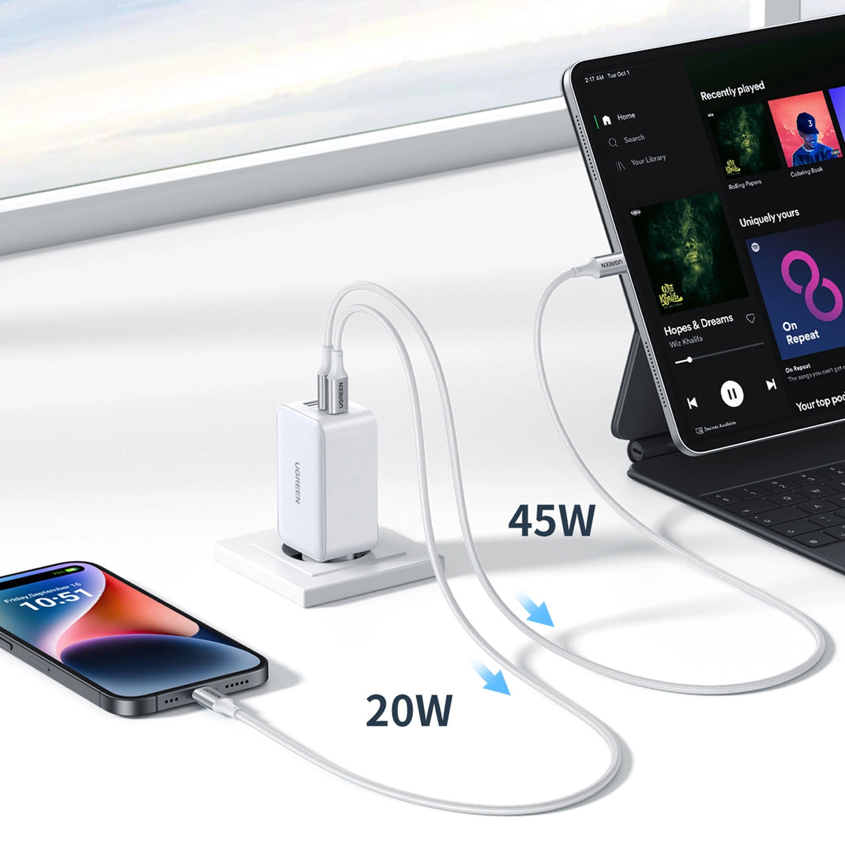 Ugreen CD244 65W USB-A / 2x USB-C GaN hurtigoplader - hvid