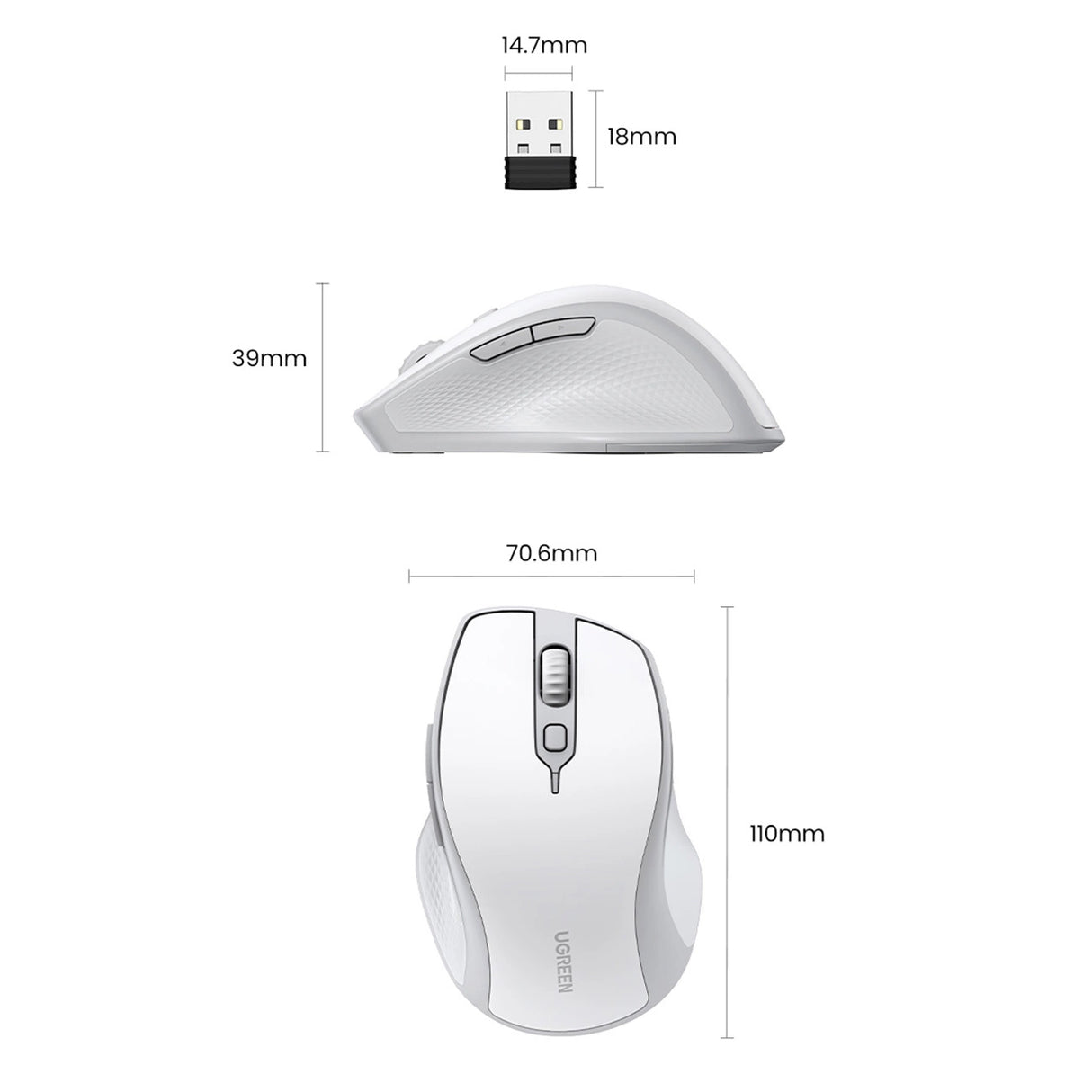 Ugreen MU101 ergonomisk trådløs mus Bluetooth / 2,4 GHz - hvid