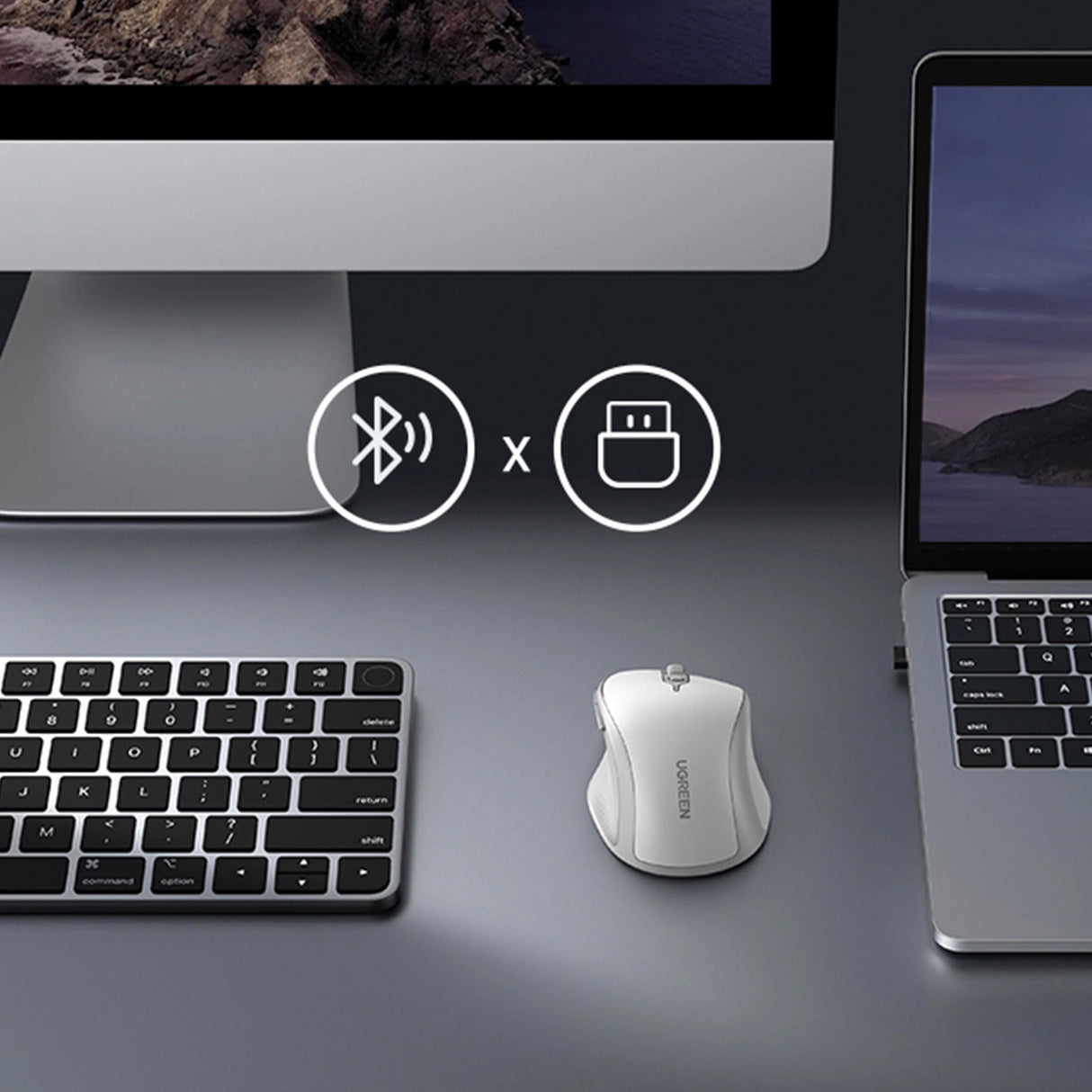 Ugreen MU101 ergonomisk trådløs mus Bluetooth / 2,4 GHz - hvid