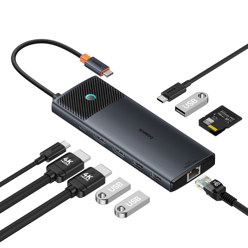 HUB 10in1 Baseus Metal Gleam Series USB-C til USB-C PD / USB-C / 3x USB-A / 2x HDMI / RJ-45 / SD / TF - sort