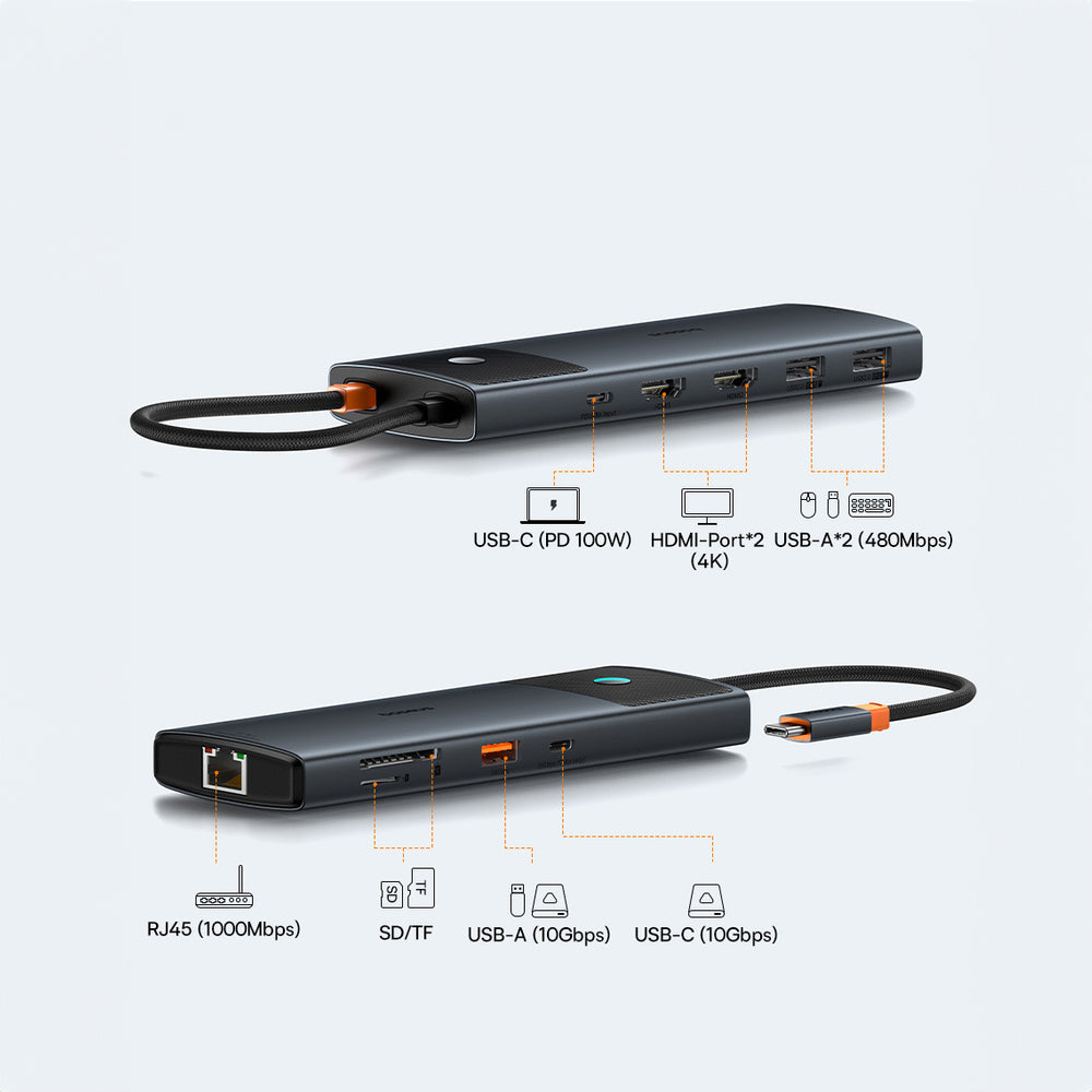 HUB 10in1 Baseus Metal Gleam Series USB-C til USB-C PD / USB-C / 3x USB-A / 2x HDMI / RJ-45 / SD / TF - sort