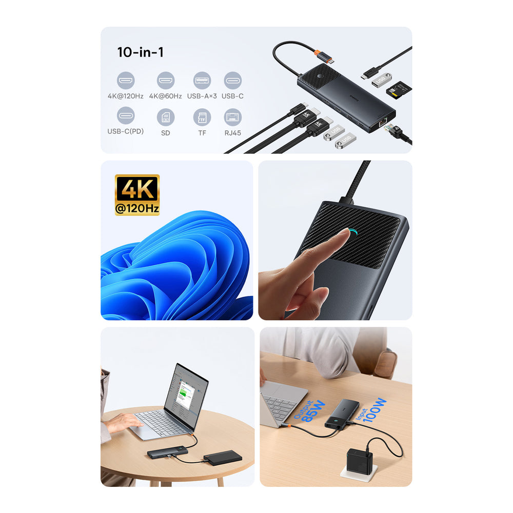 HUB 10in1 Baseus Metal Gleam Series USB-C til USB-C PD / USB-C / 3x USB-A / 2x HDMI / RJ-45 / SD / TF - sort