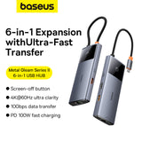USB HUB 6in1 Baseus Metal Gleam Series II USB-A/USB-C/USB-C PD/HDMI/RJ45 - sort