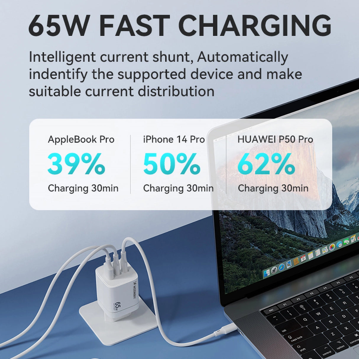 Wozinsky CGWCW 65W USB-A / 2 x USB-C GaN vægoplader - hvid
