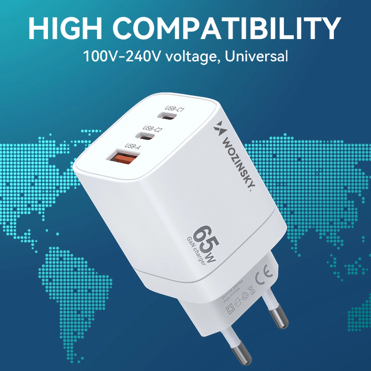 Wozinsky CGWCW 65W USB-A / 2 x USB-C GaN vægoplader - hvid
