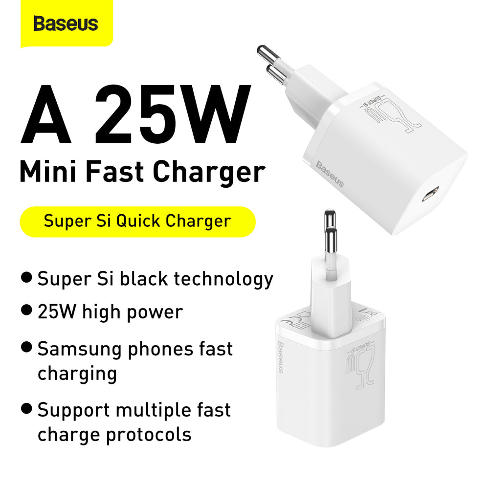 Baseus Sius USB-C 25W 3A hurtigoplader med USB-C / USB-C 1m kabel - hvid