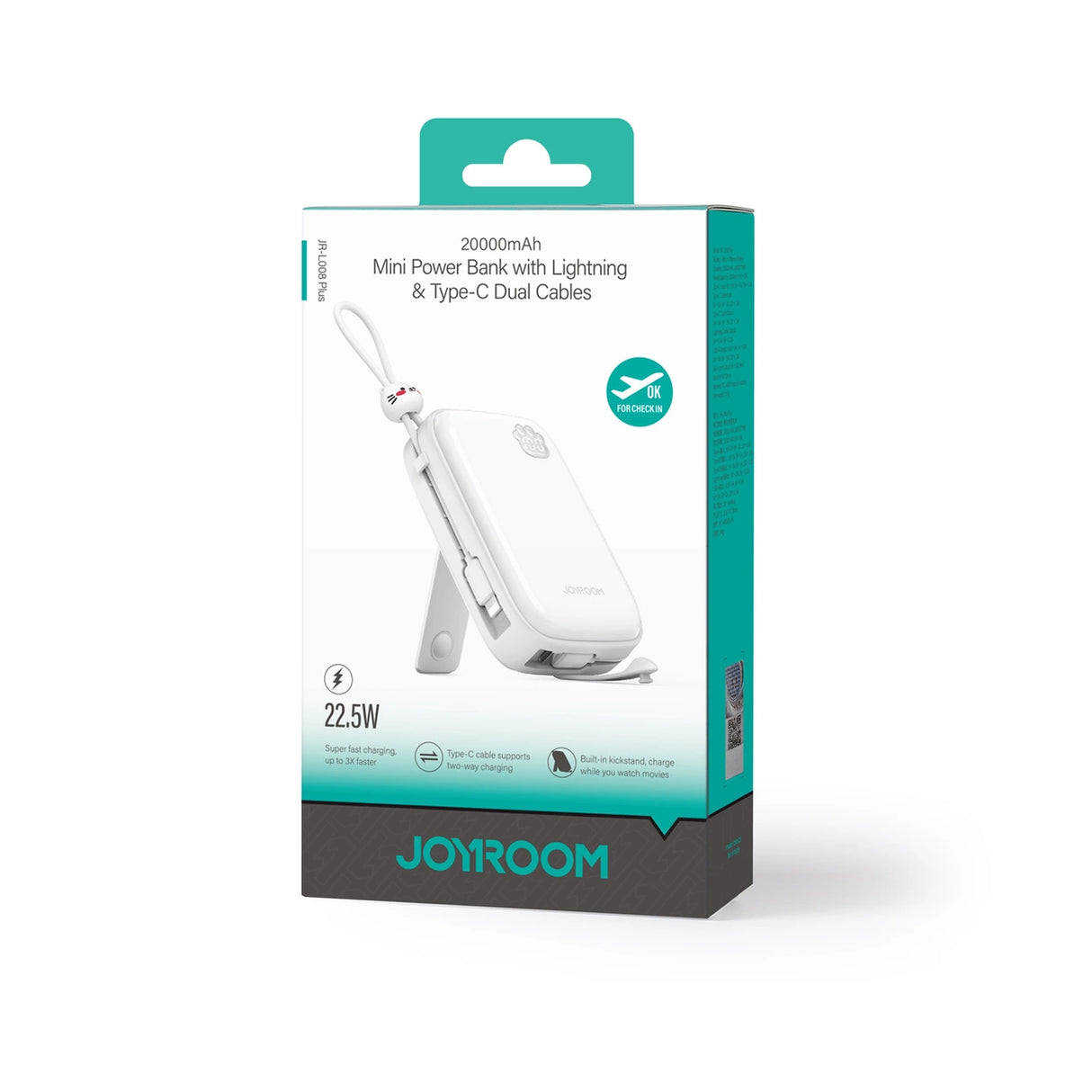 Powerbank Joyroom JR-L008 Plus Cutie Series 22.5W 20000mAh med stativ + USB-A - USB-C kabel - hvid