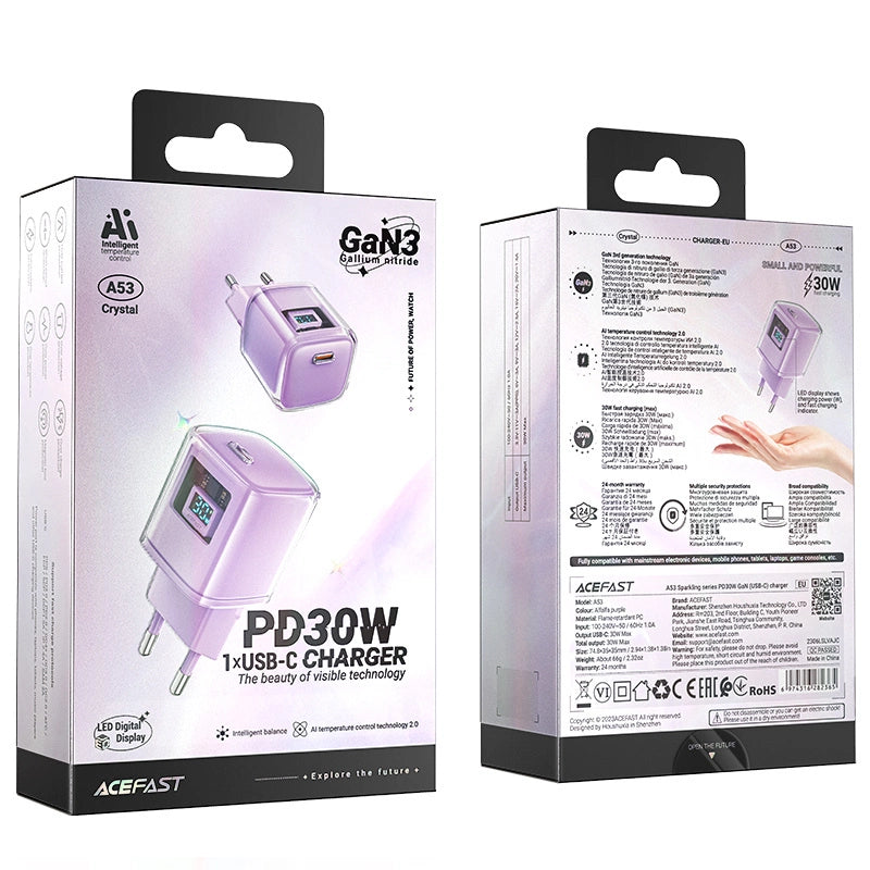 Acefast A53 PD 30W GaN USB-C oplader med display - lilla