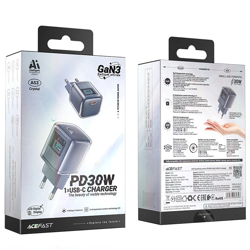 Acefast A53 PD 30W GaN USB-C oplader med display - grå