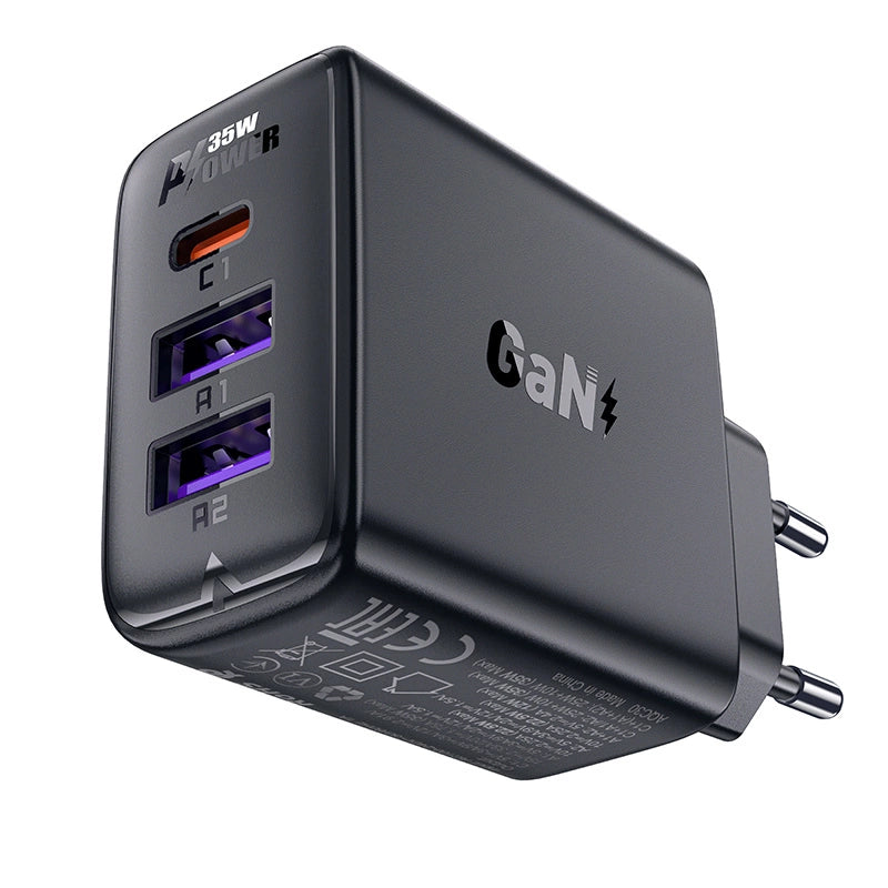 Acefast A57 PD 35W GaN oplader 2 x USB-A + USB-C med 3 porte - sort