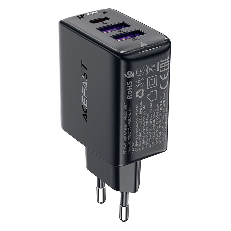 Acefast A57 PD 35W GaN oplader 2 x USB-A + USB-C med 3 porte - sort