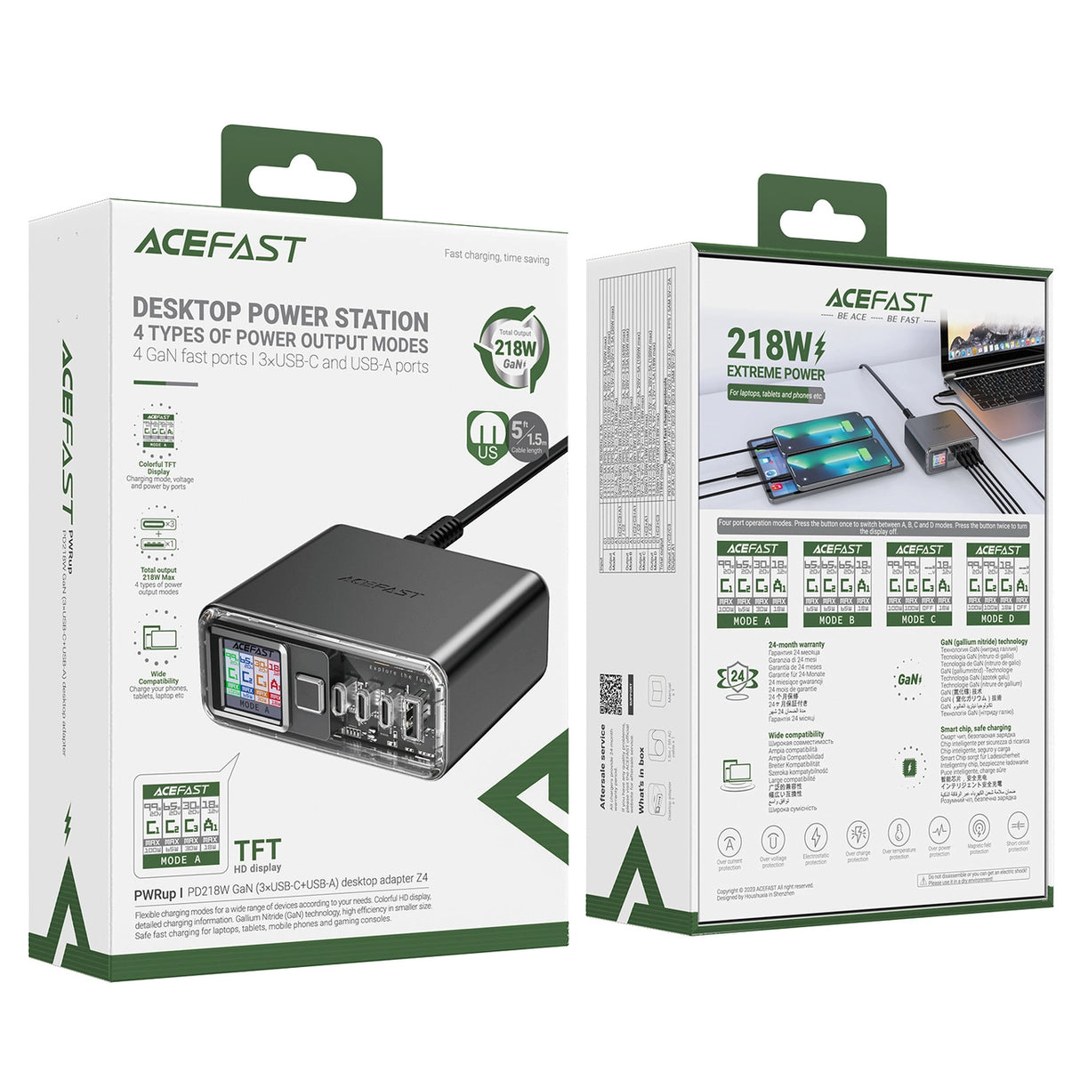 Acefast Z4 PD 218W GaN 3 x USB-C + USB-A multifunktionsadapter med 4 porte - Grå