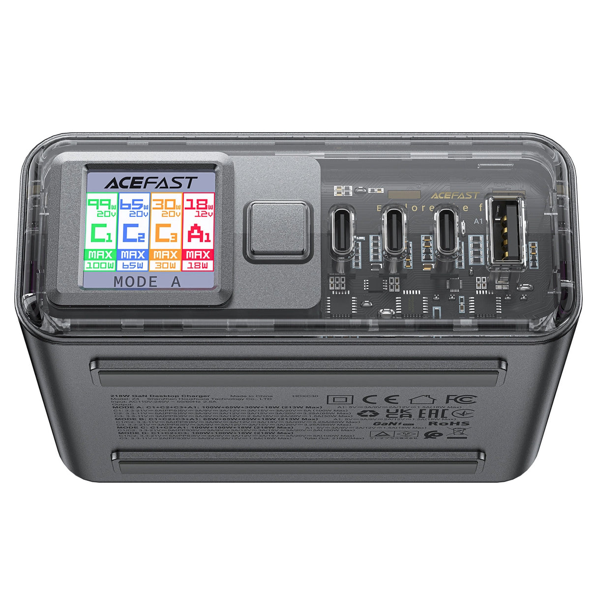 Acefast Z4 PD 218W GaN 3 x USB-C + USB-A multifunktionsadapter med 4 porte - Grå