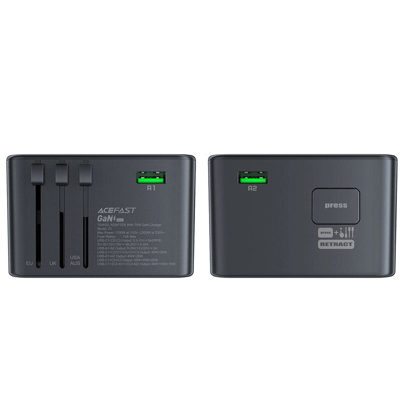 Acefast Z1 GaN 75W PD rejse oplader adapter 3x USB-C 2x USB-A - sort