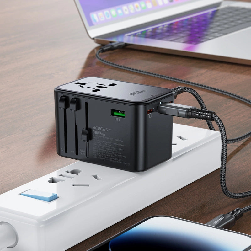 Acefast Z1 GaN 75W PD rejse oplader adapter 3x USB-C 2x USB-A - sort