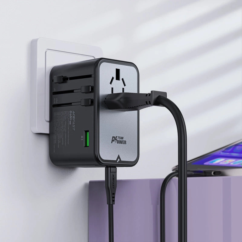 Acefast Z1 GaN 75W PD rejse oplader adapter 3x USB-C 2x USB-A - sort