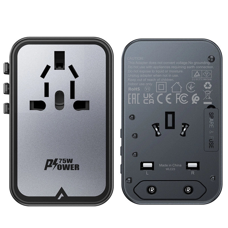 Acefast Z1 GaN 75W PD rejse oplader adapter 3x USB-C 2x USB-A - sort