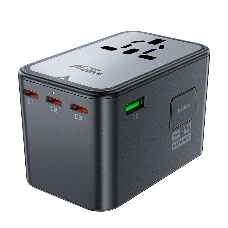 Acefast Z1 GaN 75W PD rejse oplader adapter 3x USB-C 2x USB-A - sort