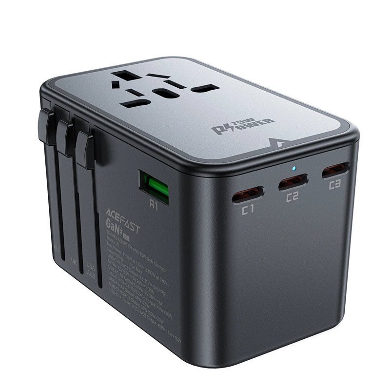 Acefast Z1 GaN 75W PD rejse oplader adapter 3x USB-C 2x USB-A - sort
