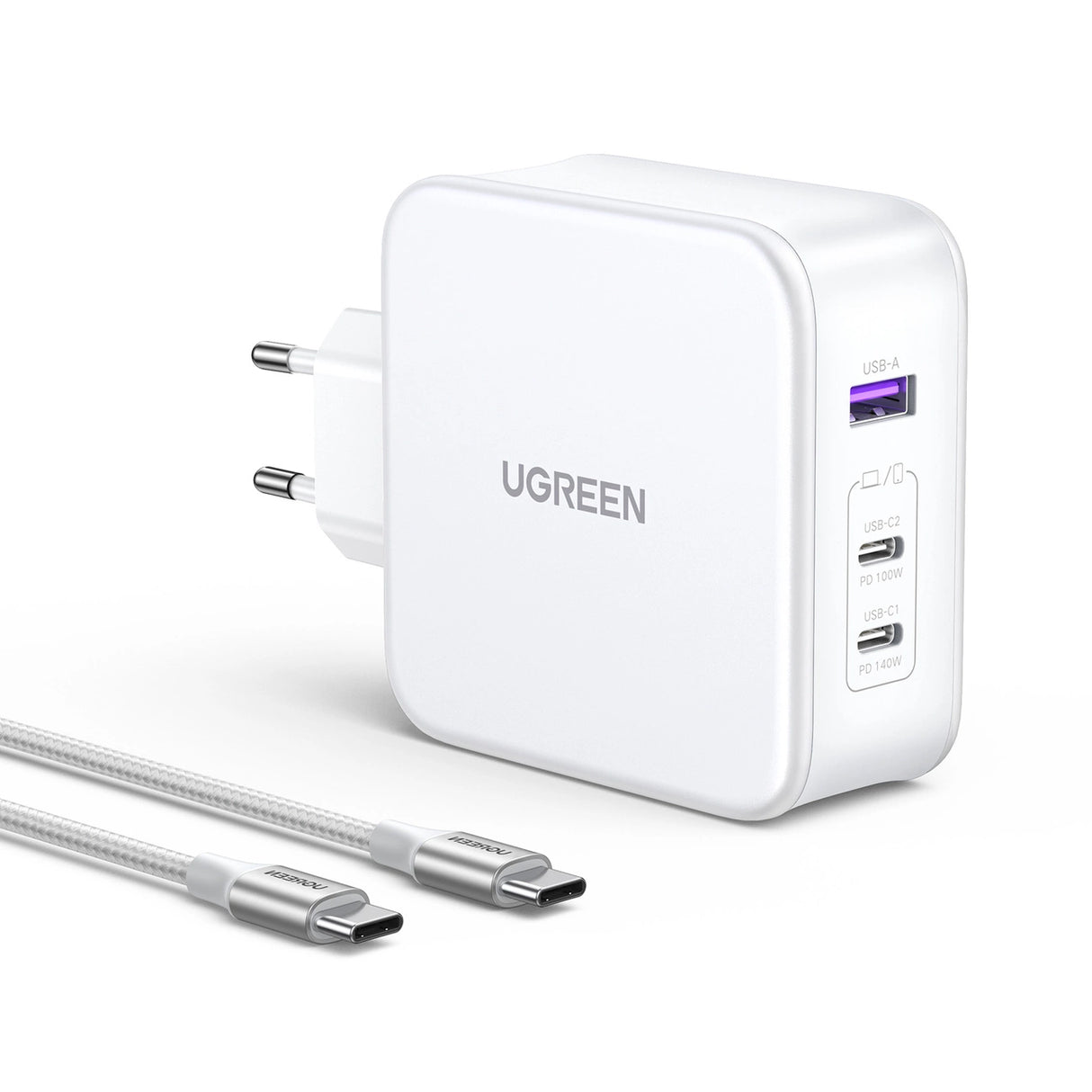 GaN Ugreen Nexode CD289 USB-A/2xUSB-C 140W vægoplader + USB-C - USB-C kabel 1,5 m - hvid