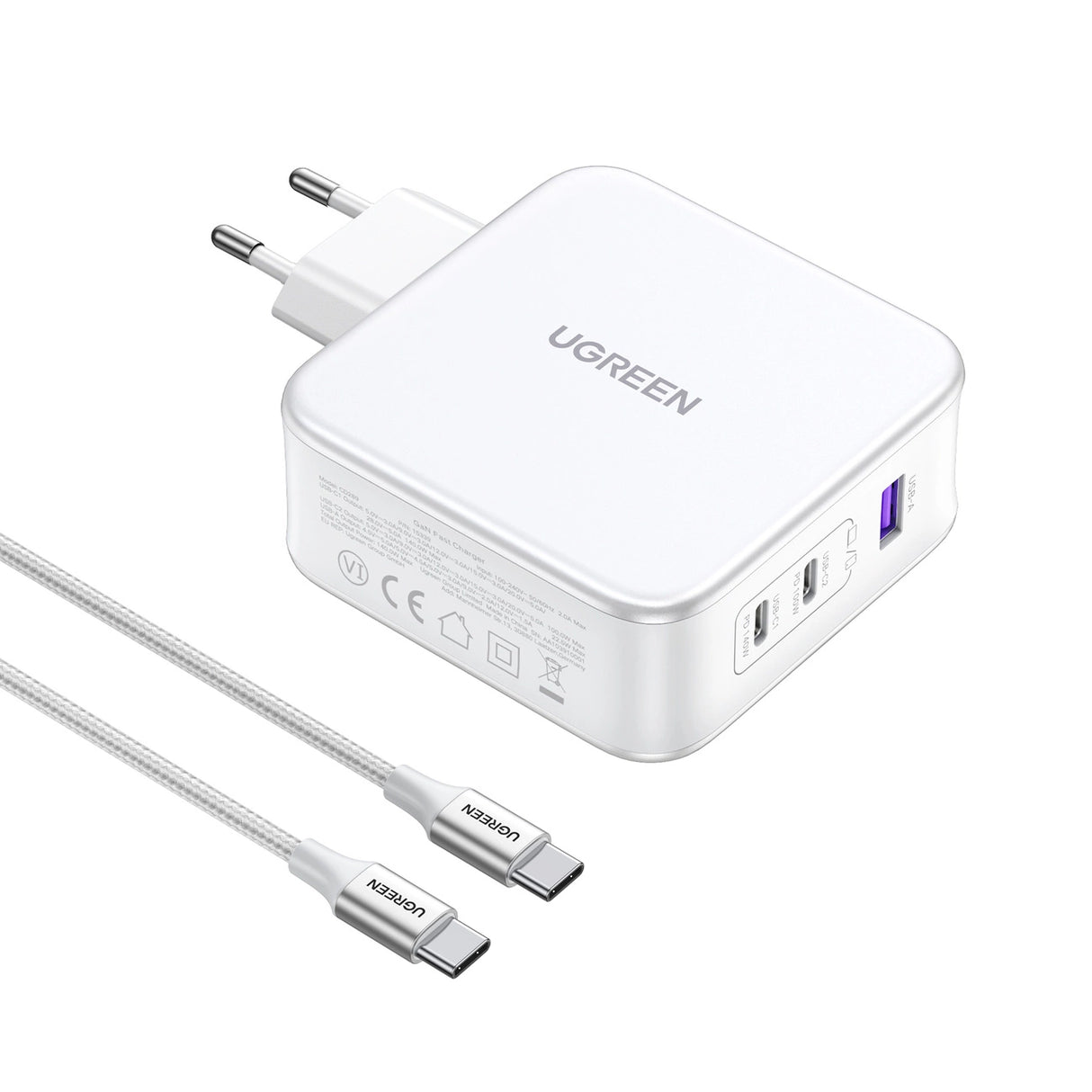 GaN Ugreen Nexode CD289 USB-A/2xUSB-C 140W vægoplader + USB-C - USB-C kabel 1,5 m - hvid