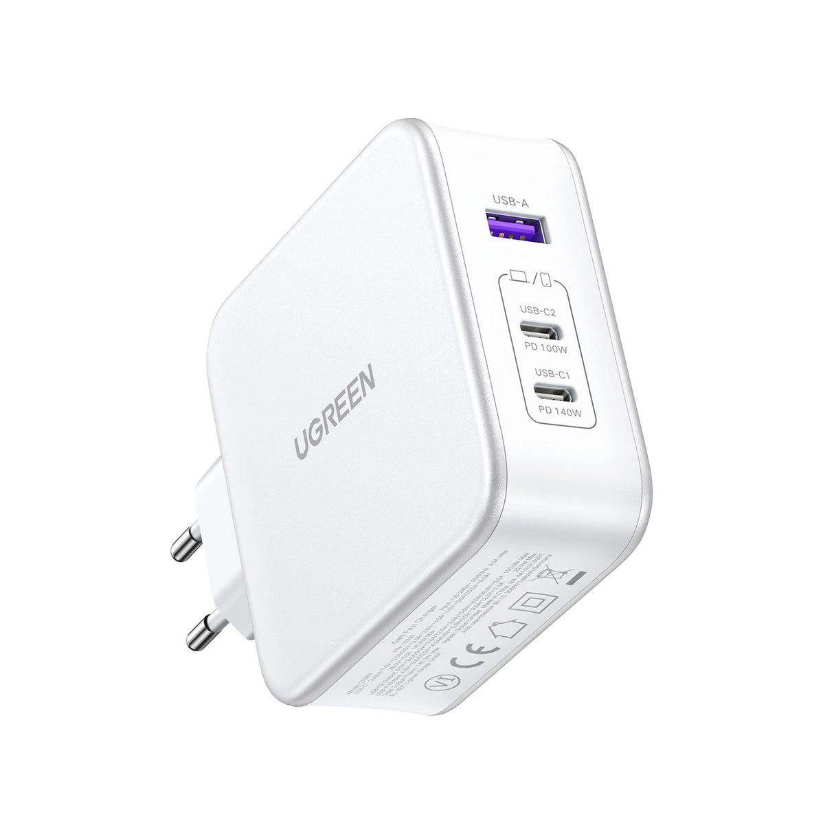 GaN Ugreen Nexode CD289 USB-A/2xUSB-C 140W vægoplader + USB-C - USB-C kabel 1,5 m - hvid