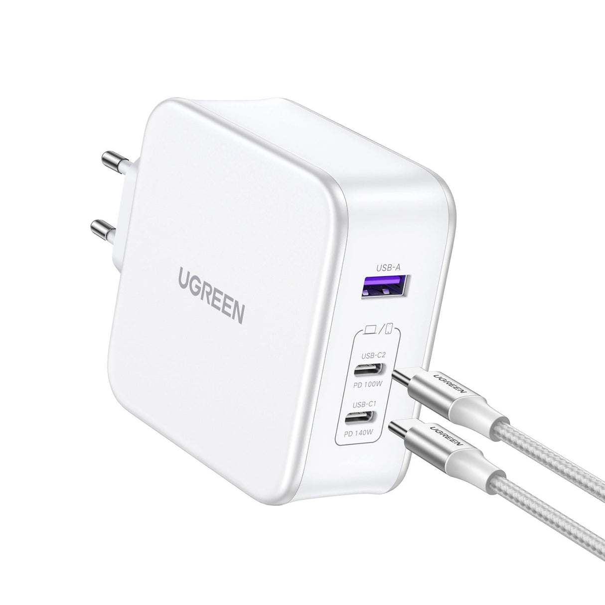 GaN Ugreen Nexode CD289 USB-A/2xUSB-C 140W vægoplader + USB-C - USB-C kabel 1,5 m - hvid
