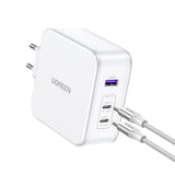 GaN Ugreen Nexode CD289 USB-A/2xUSB-C 140W vægoplader + USB-C - USB-C kabel 1,5 m - hvid