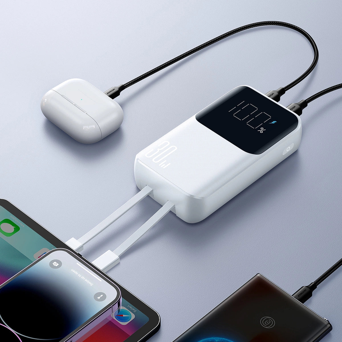 Mini powerbank med indbyggede kabler Joyroom JR-PBC06 30W 10000mAh - hvid