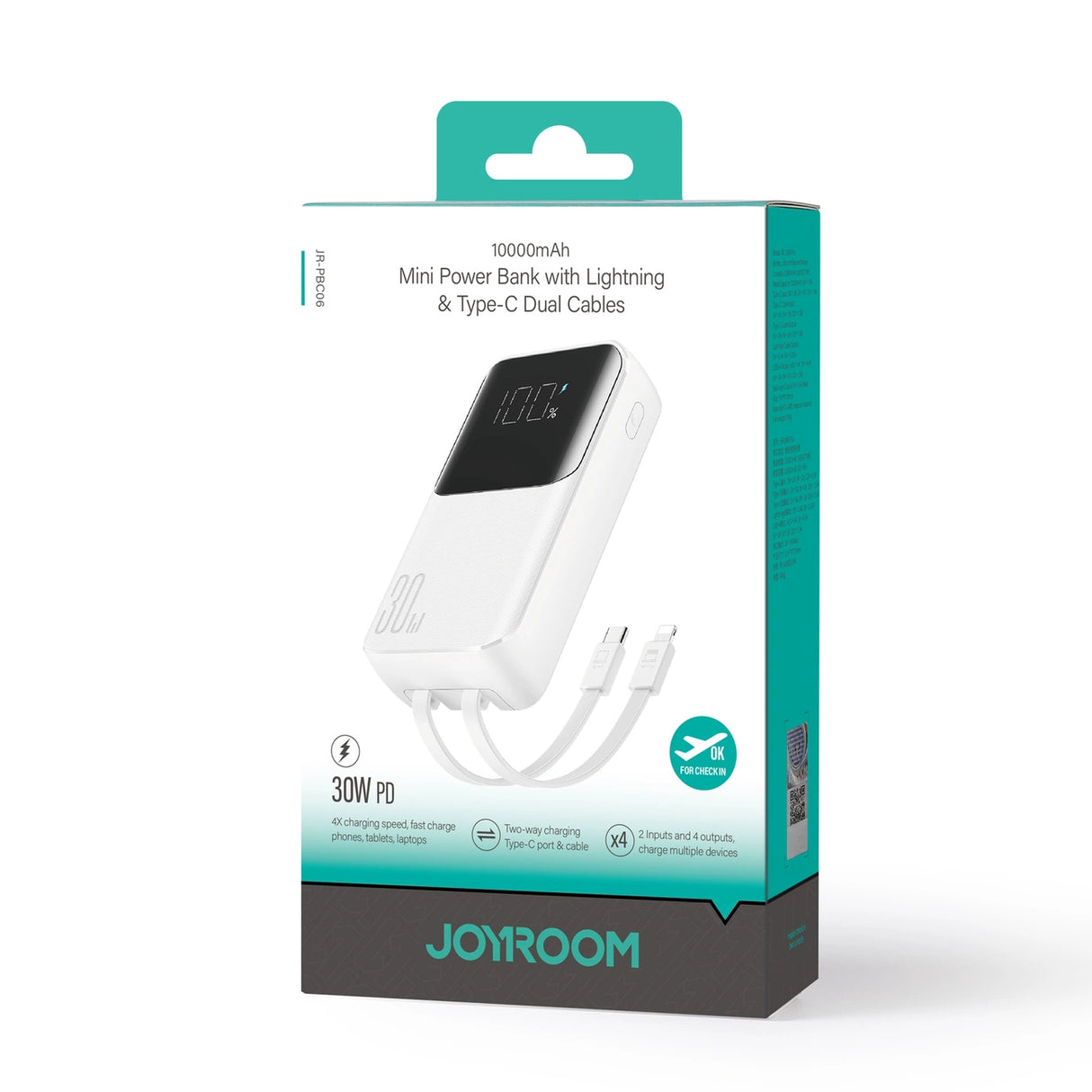 Mini powerbank med indbyggede kabler Joyroom JR-PBC06 30W 10000mAh - hvid