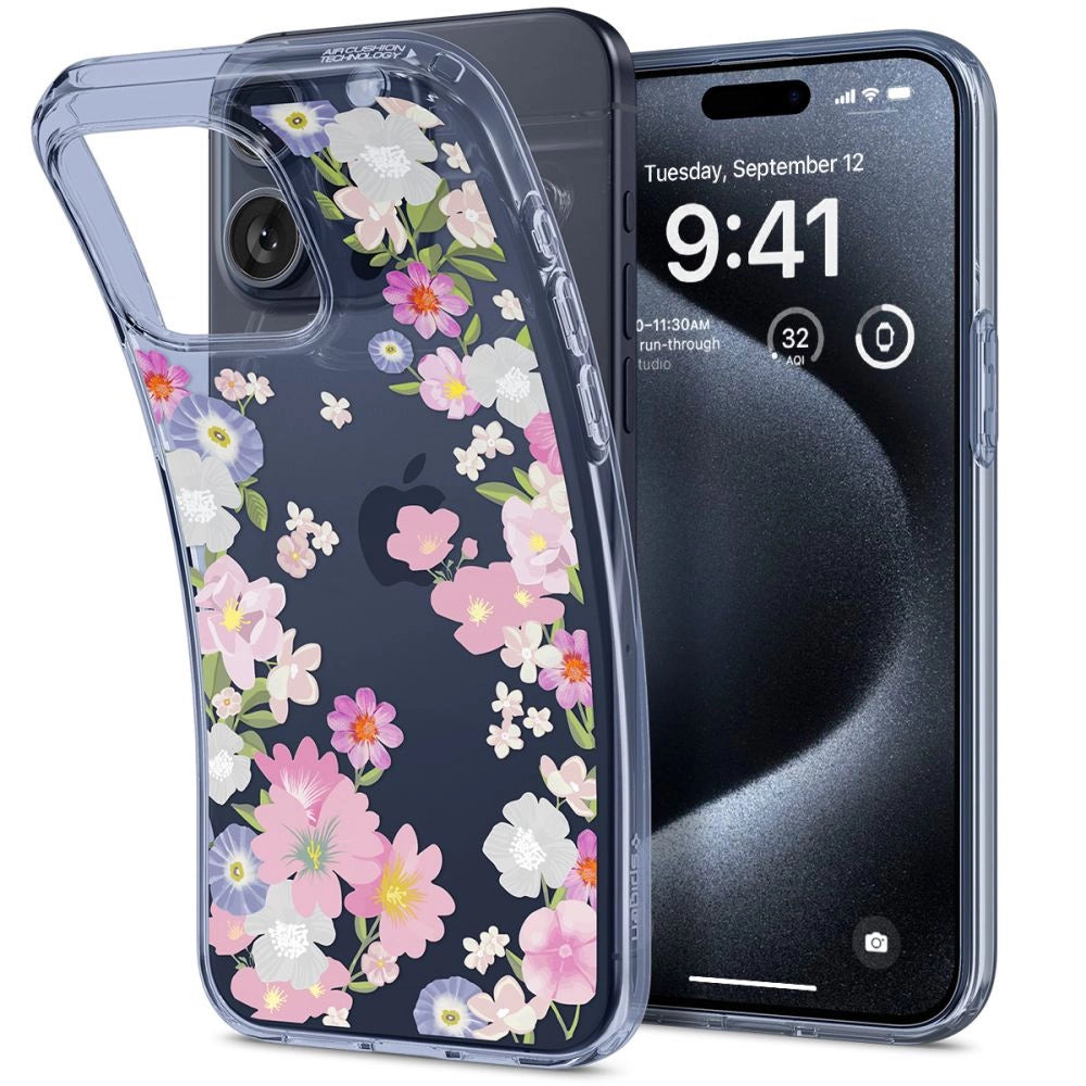 Spigen Liquid Crystal iPhone 15 Pro Case - Pink og blå blomster