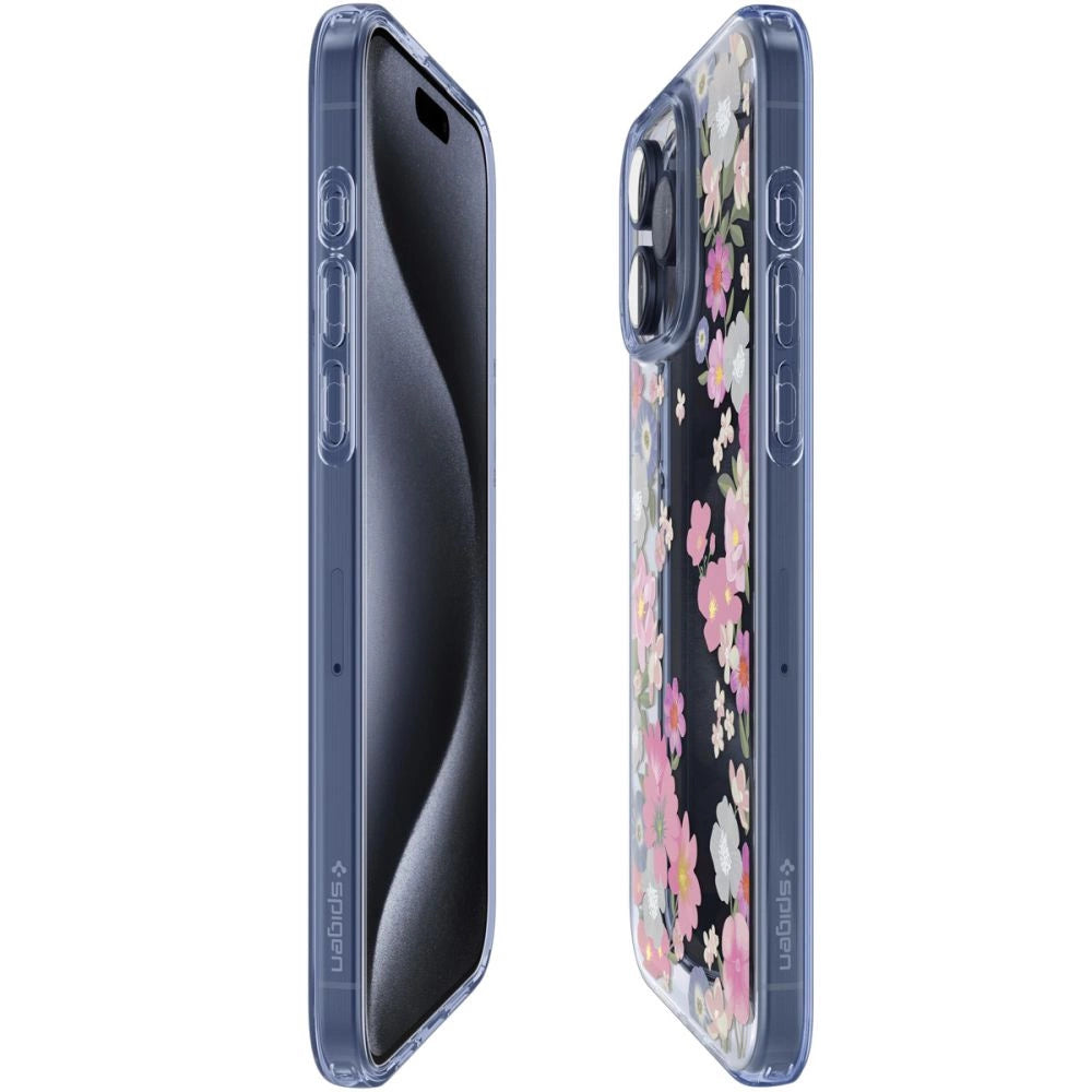 Spigen Liquid Crystal iPhone 15 Pro Case - Pink og blå blomster