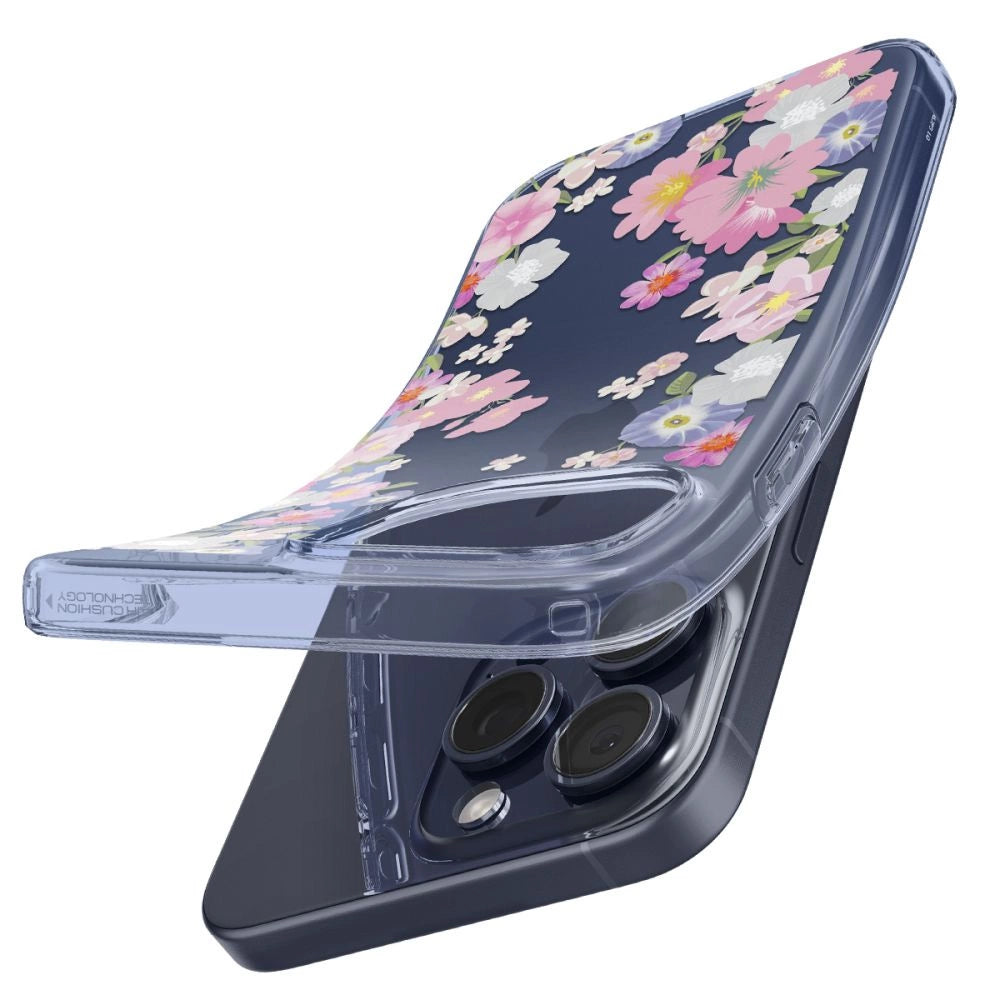 Spigen Liquid Crystal iPhone 15 Pro Case - Pink og blå blomster