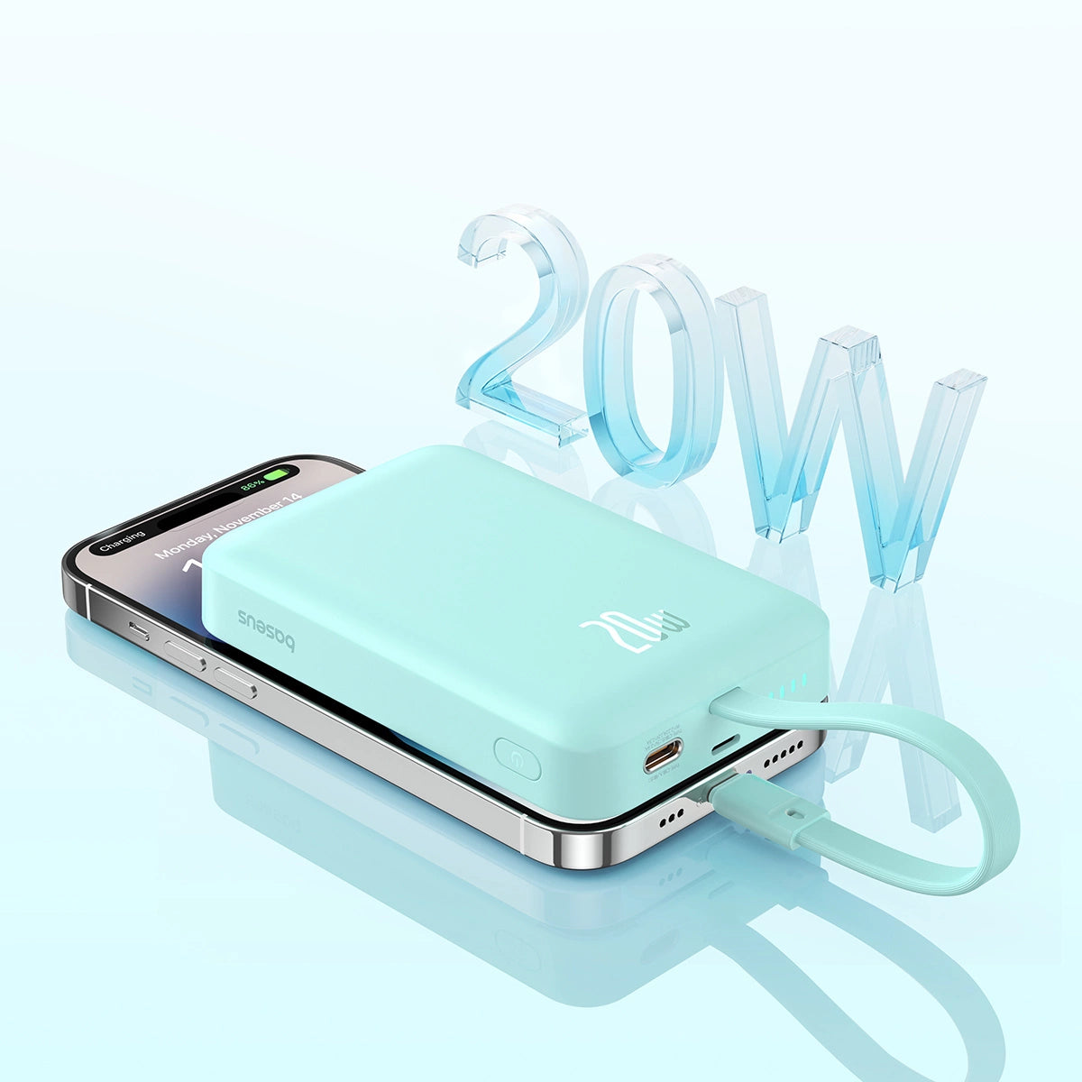 Baseus Magnetic Mini MagSafe 10000mAh 20W powerbank med indbygget Lightning kabel - blå + Baseus Simple Series USB-C - USB-C 60W 0,3m kabel