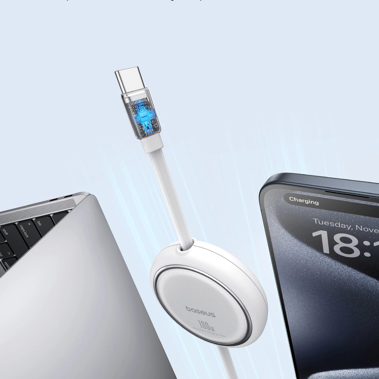 Baseus Free2Draw Mini USB-C - USB-C 100W 1m indtrækbar kabel - hvid