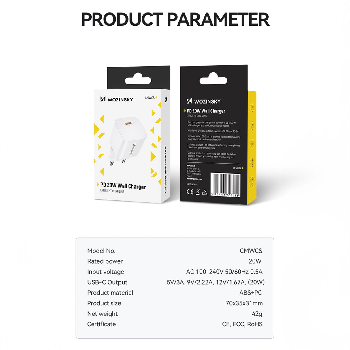Wozinsky CMWCS USB-C PD 20W vægoplader - hvid