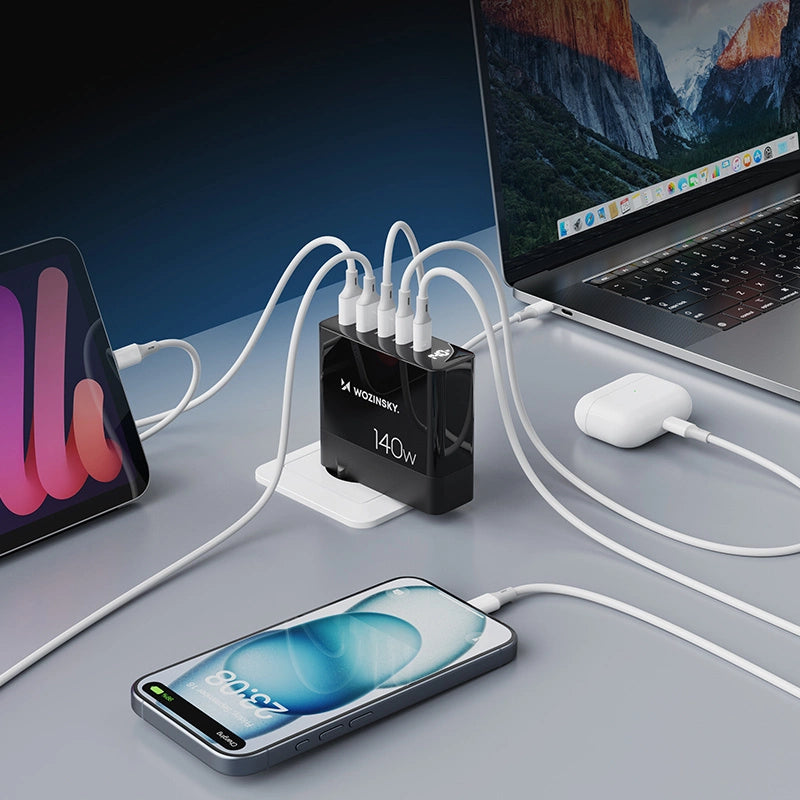 Wozinsky CGWCB 140W GaN vægoplader 3 x USB-C / 2 x USB-A - sort