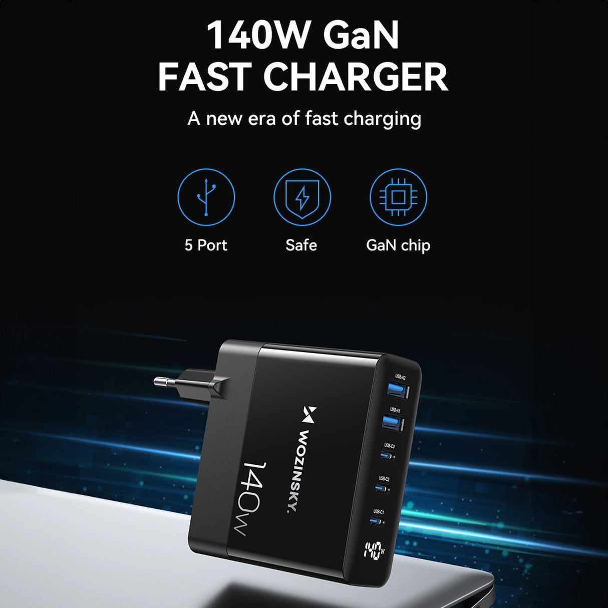 Wozinsky CGWCB 140W GaN vægoplader 3 x USB-C / 2 x USB-A - sort