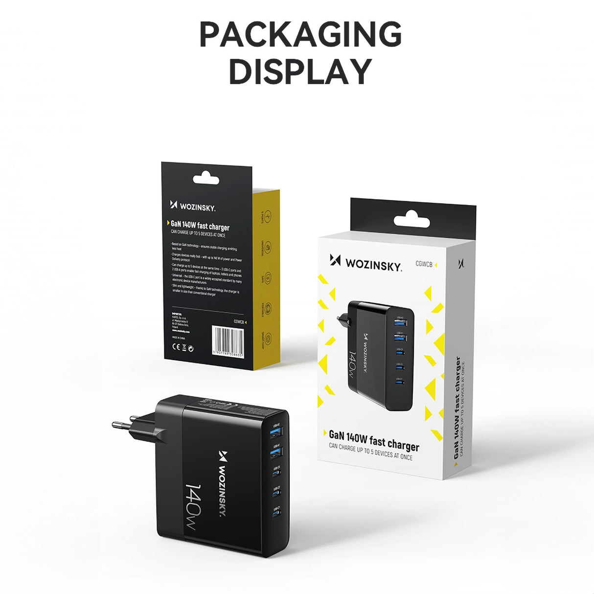 Wozinsky CGWCB 140W GaN vægoplader 3 x USB-C / 2 x USB-A - sort