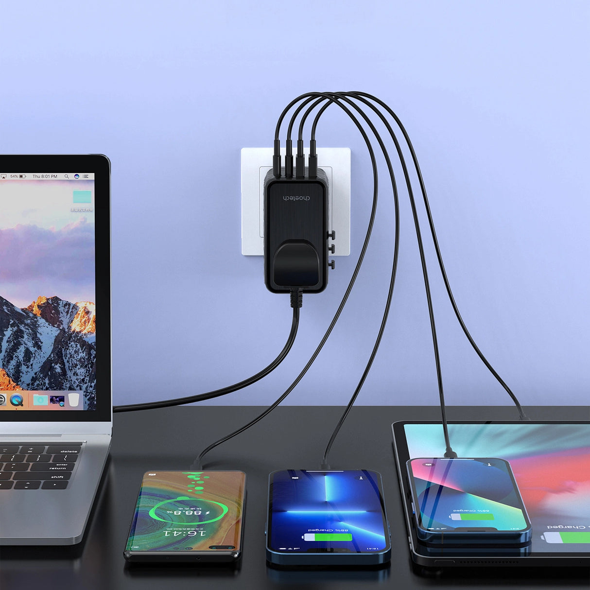 Choetech PD6028 EU / US / AUS / UK rejseadapter 2x USB-C 2x USB-A 100W - sort