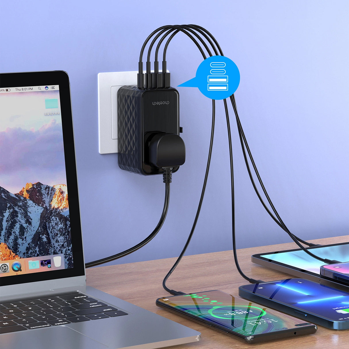 Choetech PD6028 EU / US / AUS / UK rejseadapter 2x USB-C 2x USB-A 100W - sort