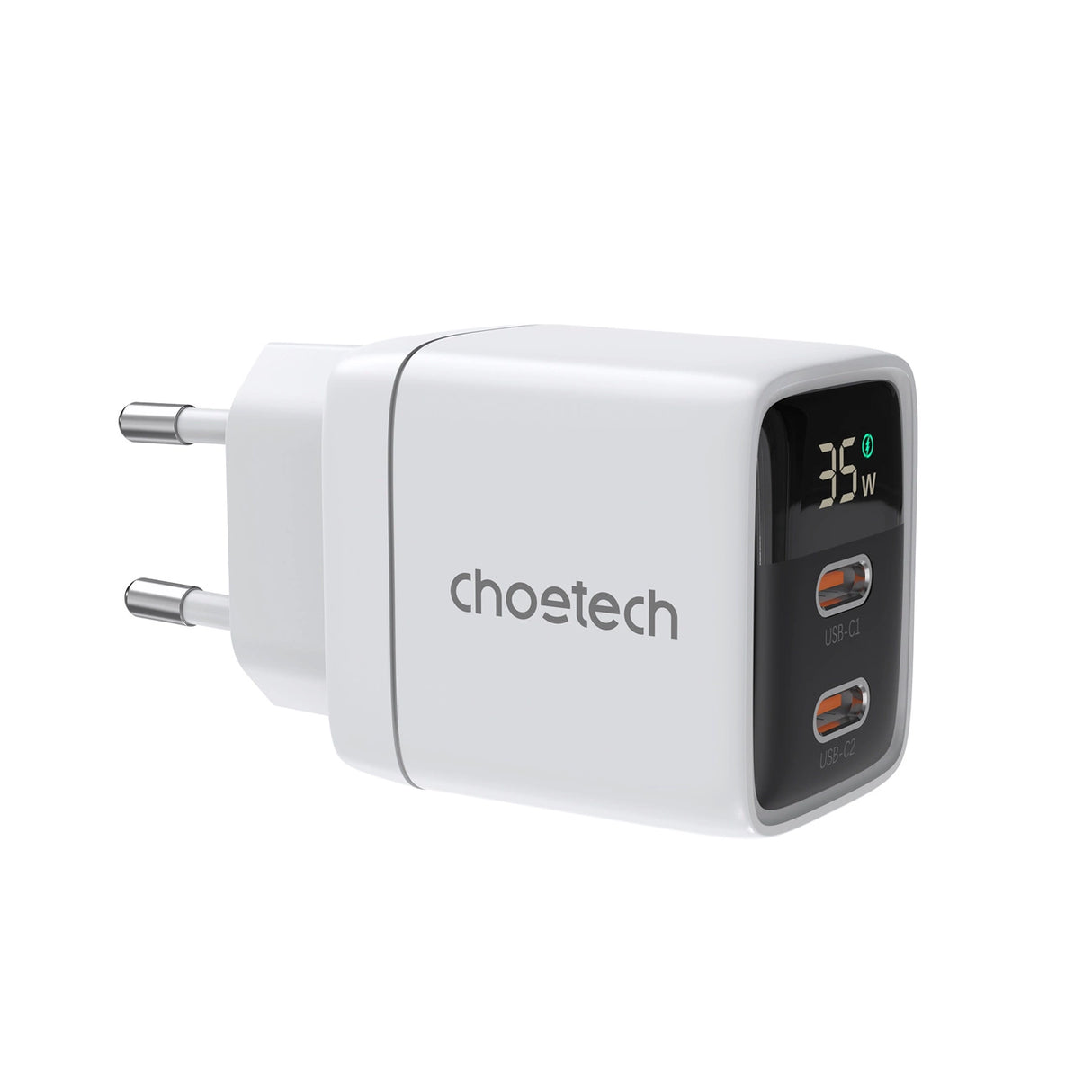Choetech PD6051 2x USB-C PD 35W GaN vægoplader med display - hvid