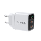 Choetech PD6051 2x USB-C PD 35W GaN vægoplader med display - hvid