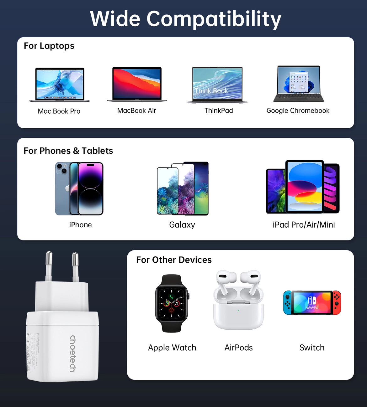Choetech PD6051 2x USB-C PD 35W GaN vægoplader med display - hvid