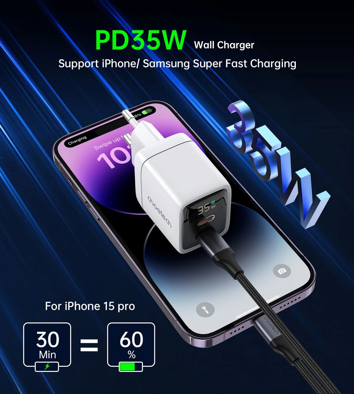 Choetech PD6051 2x USB-C PD 35W GaN vægoplader med display - hvid